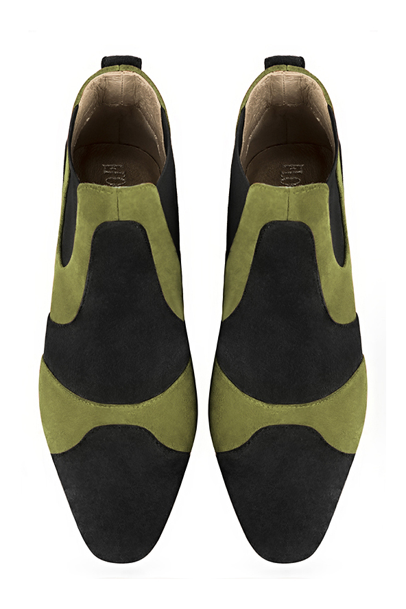 Matt black and pistachio green women's ankle boots, with elastics. Round toe. Low flare heels. Top view - Florence KOOIJMAN
